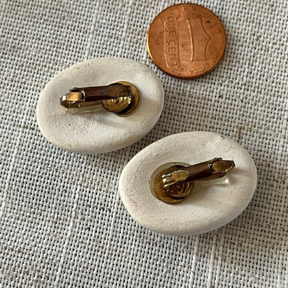 Iris ceramic oval clip on Earrings on Porcelain flower earrings..